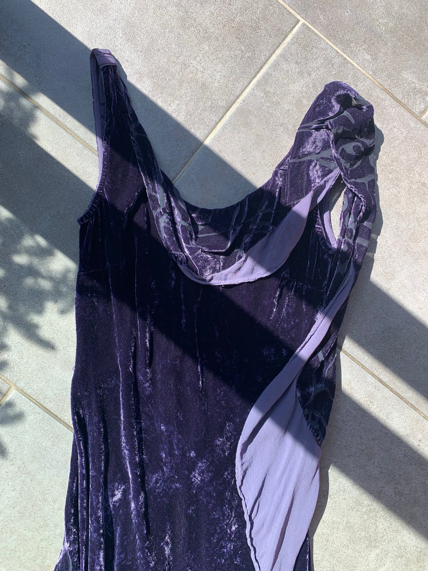 90s Vintage Ghost Purple Velvet & Silk Dress