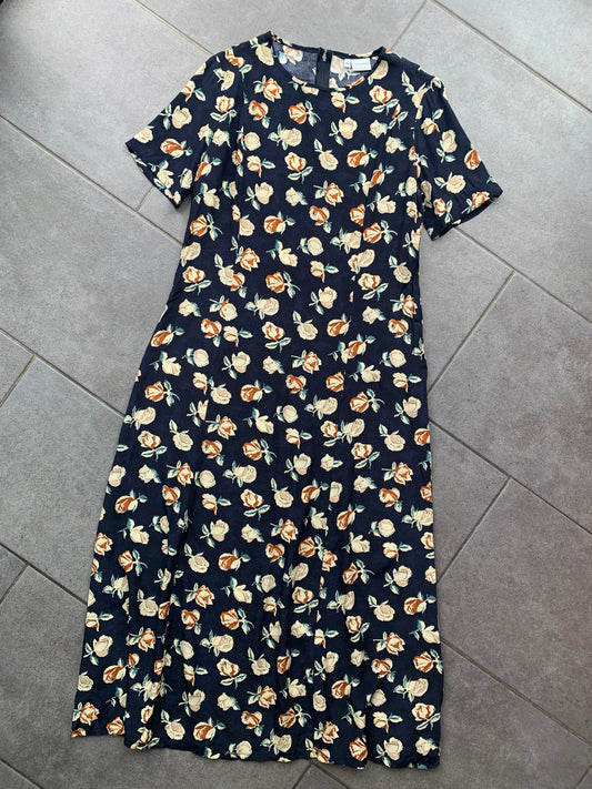 90s Vintage United Colors Of Benetton Navy Floral Long Dress